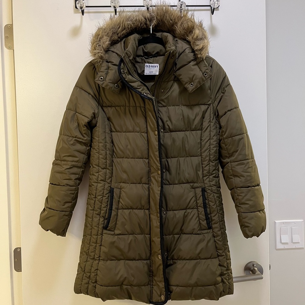 Old Navy Khaki Puffer Jacket with Faux Fur Trim